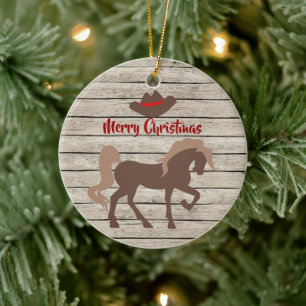 Ornamento De Cerâmica Cavalo Marrom Personalizado e Vaqueiro no Natal