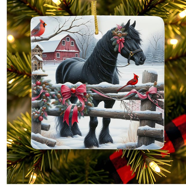 Ornamento De Cerâmica Cavalo Negro Festivo e Natal Cardeal (Criador carregado)