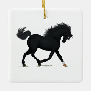 Ornamento De Cerâmica Cavalo Negro Tropicante Com Cob Estelar Equestre