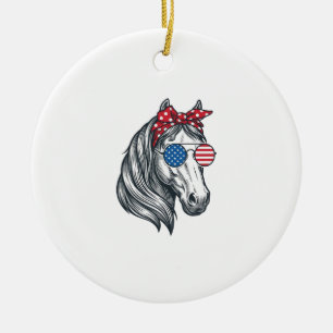 Ornamento De Cerâmica Cavalo Patriótico Com Óculos De Sol De Bandeira Vi
