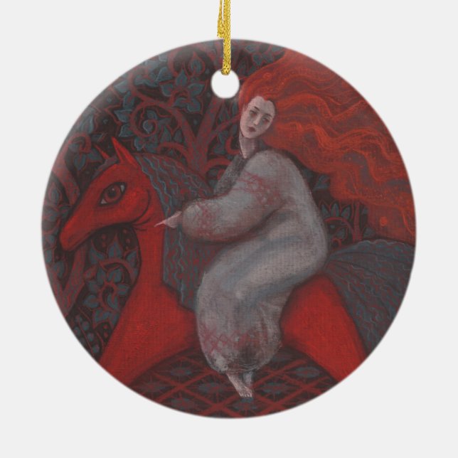 Ornamento De Cerâmica "Cavalo Vermelho", mulher ruiva, arte surreal fant (Traseira)