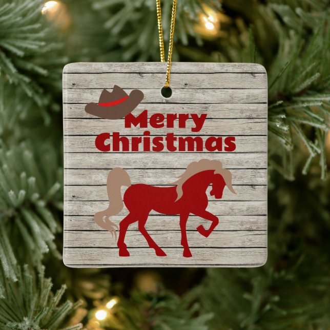 Ornamento De Cerâmica Cavalo Vermelho Personalizado e Vaqueiro no Natal (Árvore)