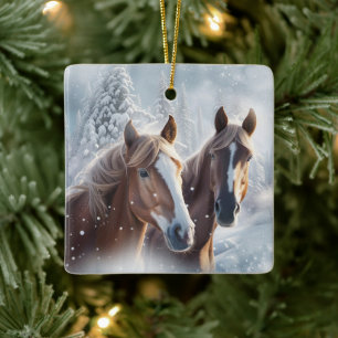 Ornamento De Cerâmica Cavalos bonitos no Natal da Neve
