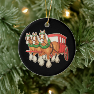 Ornamento De Cerâmica Cavalos Clydesdale Carroça Coroa Natal