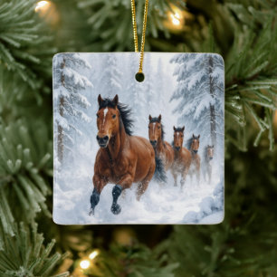 Ornamento De Cerâmica Cavalos de Natal Correndo por uma Floresta Nevada