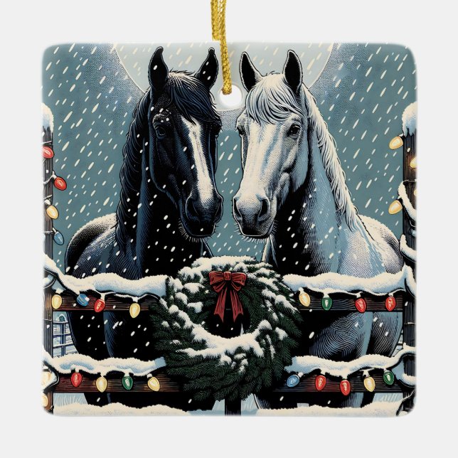 Ornamento De Cerâmica Cavalos Festivos | Feliz Natal (Frente)