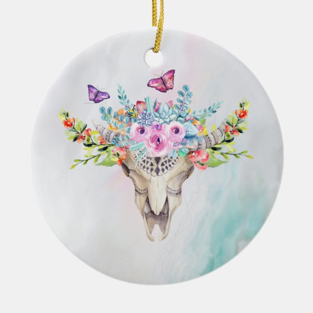 Ornamento De Cerâmica Caveira Animal Boho com Borboletas e Flores (Frente)