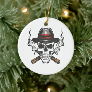 Ornamento De Cerâmica Caveira de gângster com chapéu fedora