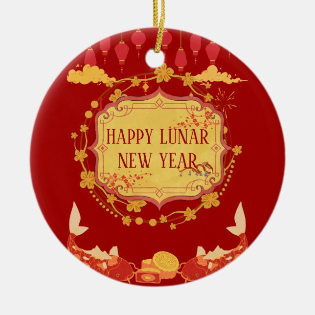 Ornamento De Cerâmica Celebração de Ano Novo Lunar: Uma Noite de Alegria (Frente)