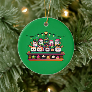Ornamento De Cerâmica Celebração de Natal Sushi - Design de 8 bits festi