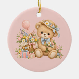 Ornamento De Cerâmica Celebração do Urso de Pelúcia Vintage com Flores S