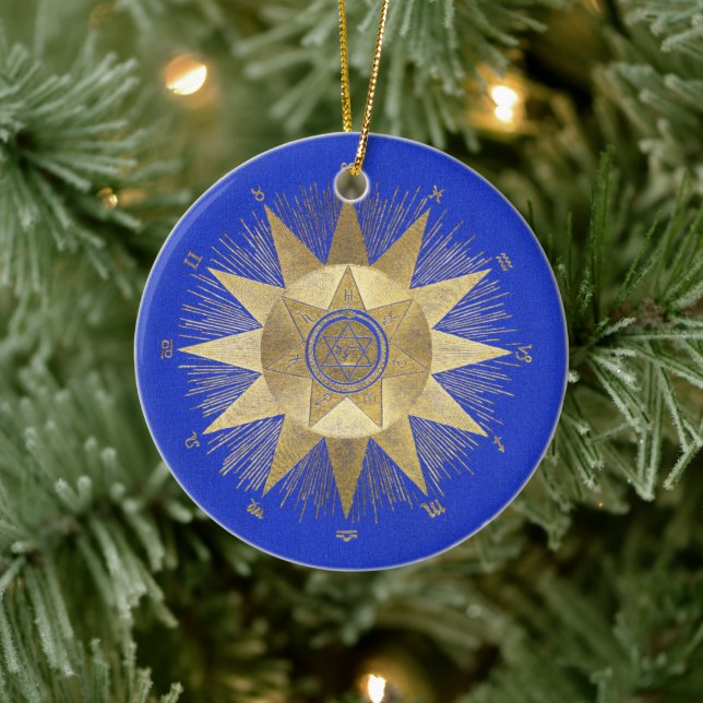 Ornamento De Cerâmica Celebrações do Sol Dourado Azul Celestial (Árvore)