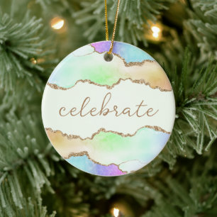 Ornamento De Cerâmica Celebrar o Inspirational Word Rainbow Pastel Agate