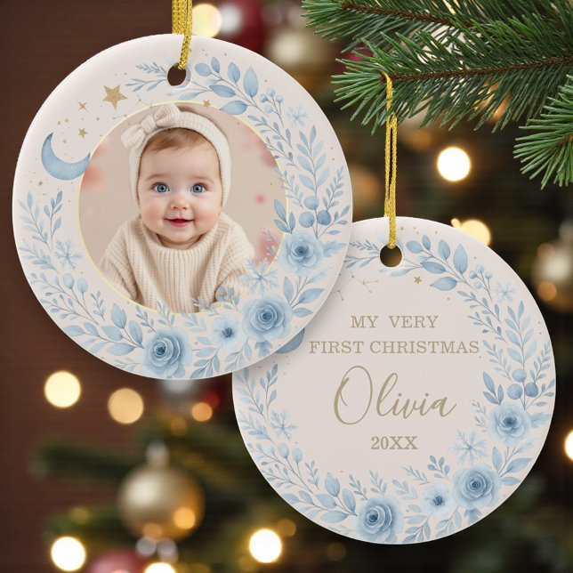 Ornamento De Cerâmica Celestial Blue Baby First Christmas Photo (Criador carregado)