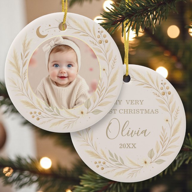 Ornamento De Cerâmica Celestial Boho Baby First Christmas Photo (Criador carregado)