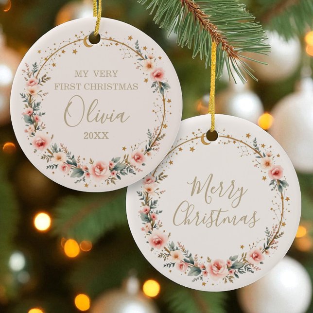 Ornamento De Cerâmica Celestial Primeiro Natal Personalizado (Criador carregado)