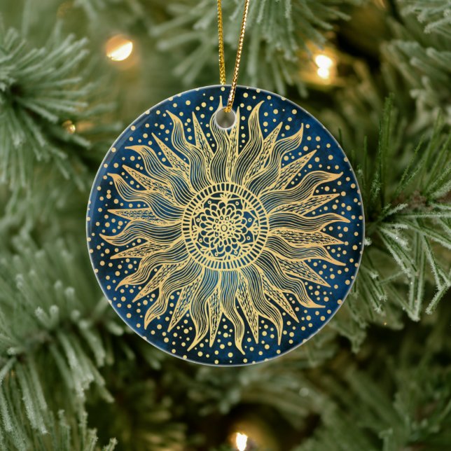 Ornamento De Cerâmica Celestial Sun Mandala Blue Dourado Confetti (Árvore)