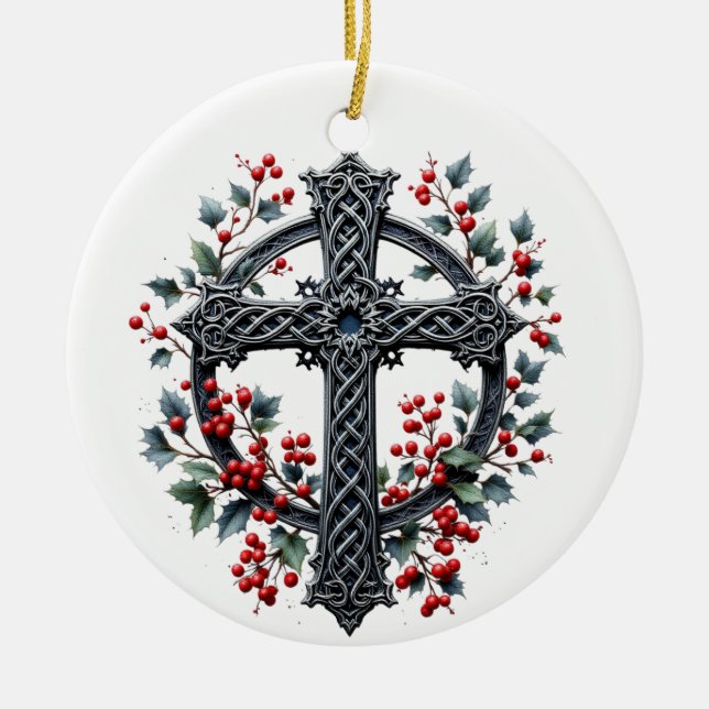 Ornamento De Cerâmica Celtic Winter Cross Christmas Ornament (Frente)