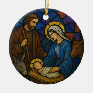 Ornamento De Cerâmica Cena da Natividade do Vidro Manchado de Natal