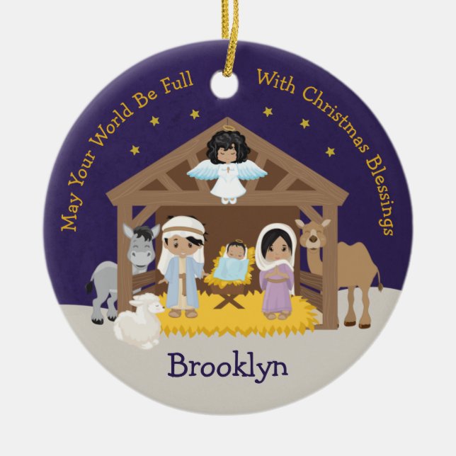 Ornamento De Cerâmica Cena da Natividade Multicultural (Frente)