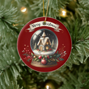 Ornamento De Cerâmica Cena de Algodão do Globo de Neve Cozy Christmas