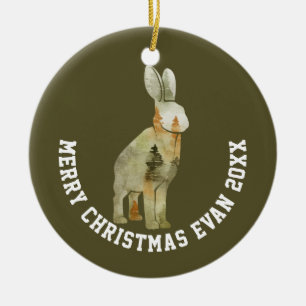 Ornamento De Cerâmica Cena de inverno personalizada com coelho