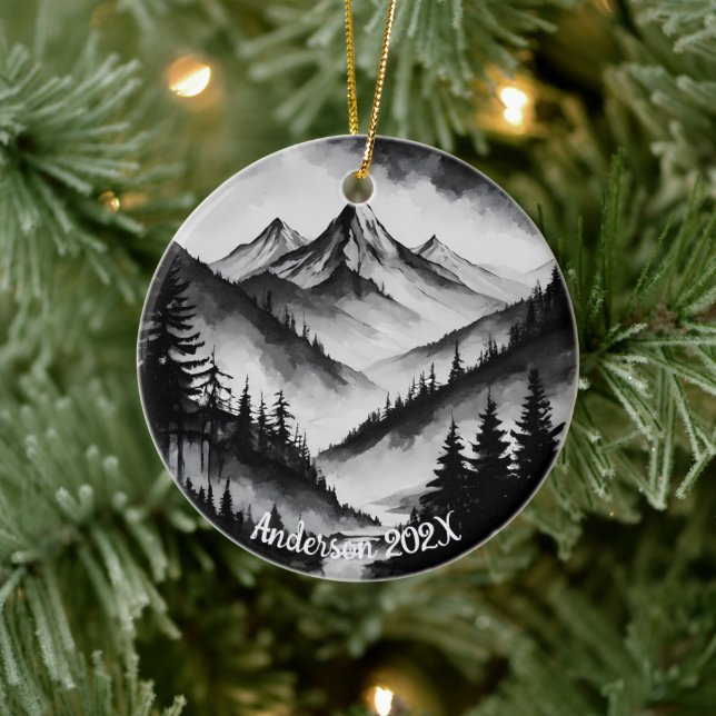 Ornamento De Cerâmica Cena de Montanha de Aquarelle Personalizada (Árvore)