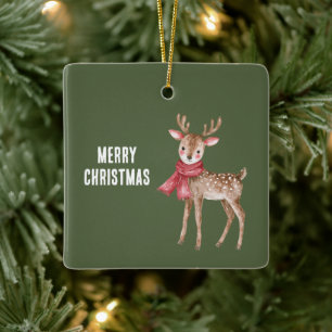 Ornamento De Cerâmica Cena de Natal com Cachecol Vermelho de Veado
