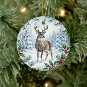 Ornamento De Cerâmica Cena de Natal com Veado na Floresta Rústica em Bra