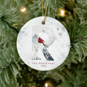 Ornamento De Cerâmica Cena de Natal de Inverno com Neve Clássica Monogra