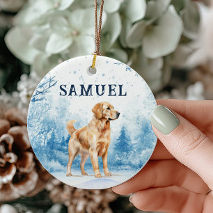 Ornamento De Cerâmica Cena de Natal de Retriever Dourado em Aquarela