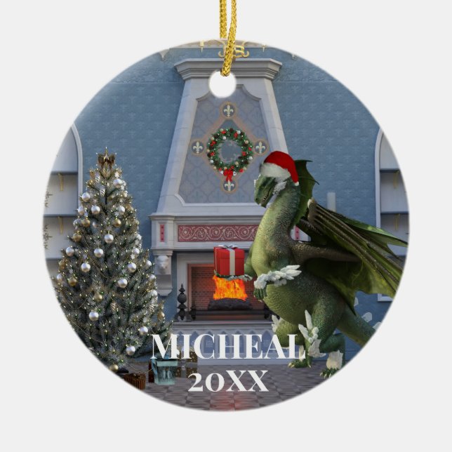 Ornamento De Cerâmica Cena de Natal Dragão Papai Noel Árvore Lareira (Frente)