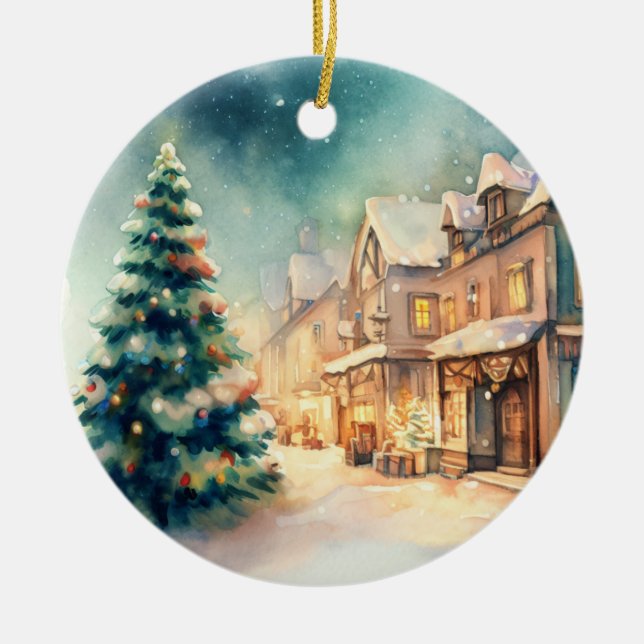 Ornamento De Cerâmica Cena de Natal em nossa vila (Frente)