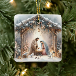 Ornamento De Cerâmica Cena de Natividade Russa com Placa Floral de inver