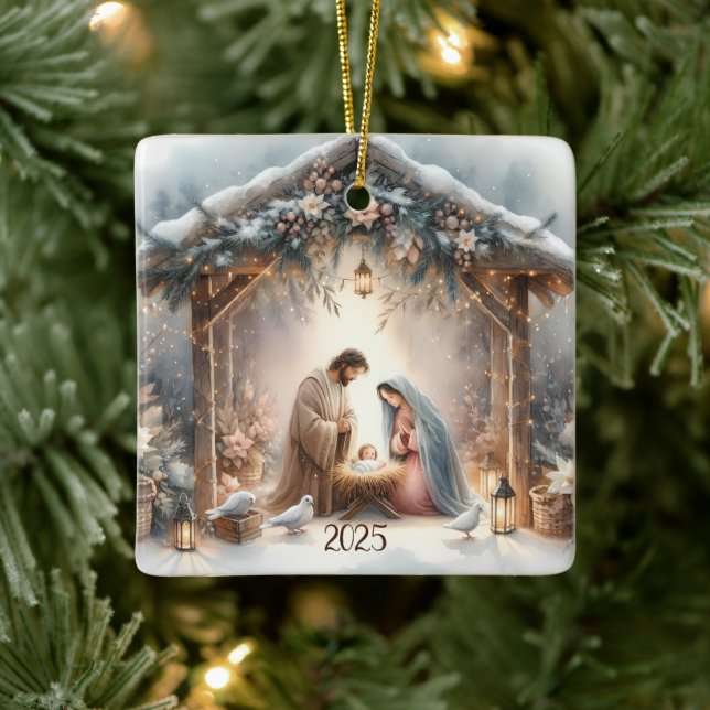 Ornamento De Cerâmica Cena de Natividade Russa com Placa Floral de inver (Árvore)
