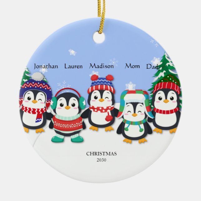Ornamento De Cerâmica Cena de Neve Cute Cinco Pinguins Personalizada (Frente)
