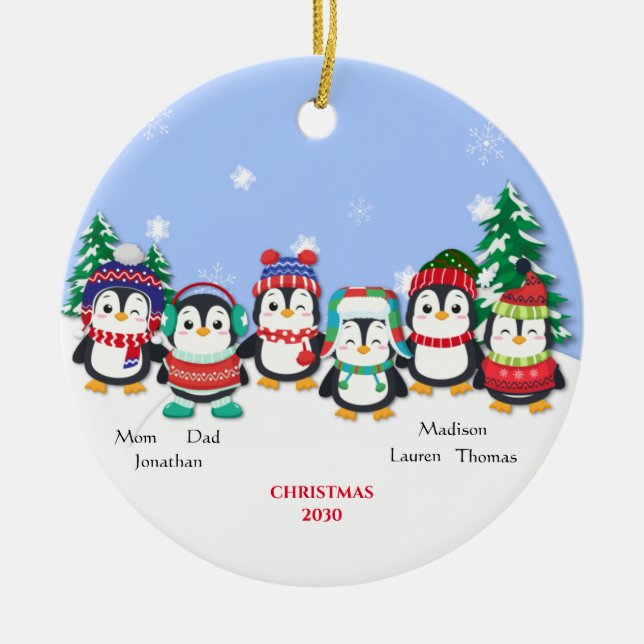 Ornamento De Cerâmica Cena de Neve de Seis Pinguins Personalizada (Frente)