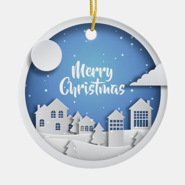 Ornamento De Cerâmica Cena de papel do inverno do entalhe (Frente)