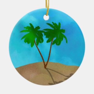 Ornamento De Cerâmica Cena de praia em árvore de palmeira de aquarela ce