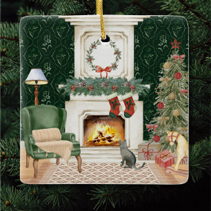 Ornamento De Cerâmica Cena de Sala de Natal Vitoriana