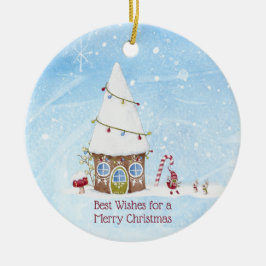 Ornamento De Cerâmica Cena do Gnome com Felicitações de Natal Personaliz