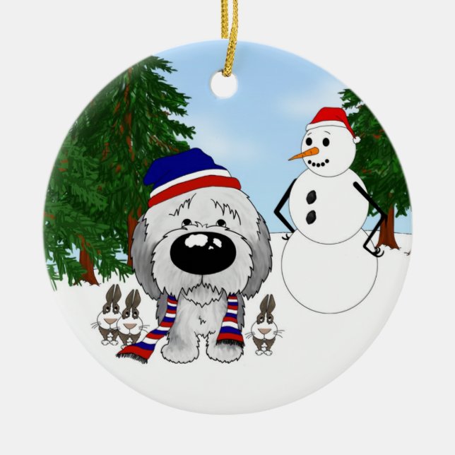 Ornamento De Cerâmica Cena do inverno do Sheepdog (Frente)