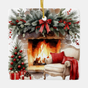 Ornamento De Cerâmica Cena em aquarela de lareira de Natal aconchegante