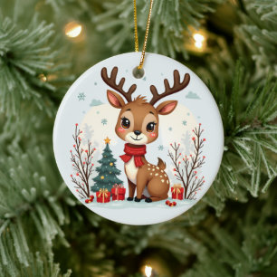 Ornamento De Cerâmica Cena encantadora de renas de Natal na floresta nev