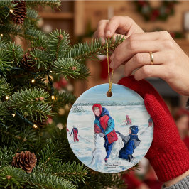 Ornamento De Cerâmica Cena infantil de inverno de Natal Vintage Blue.