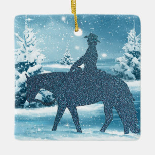 Ornamento De Cerâmica Cena ocidental da neve do inverno do cavalo da