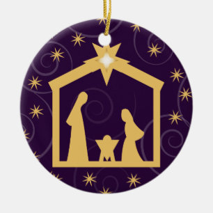 Ornamento De Cerâmica Cena roxa da natividade do Natal da majestade