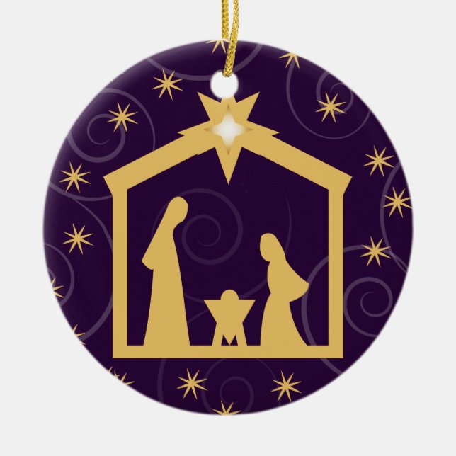 Ornamento De Cerâmica Cena roxa da natividade do Natal da majestade (Frente)