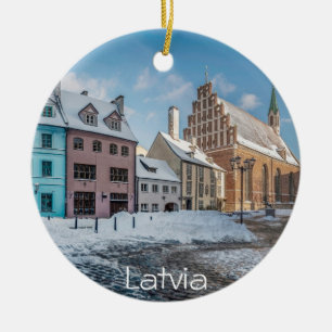Ornamento De Cerâmica Centro de cidade de inverno de neve em Riga, Letón