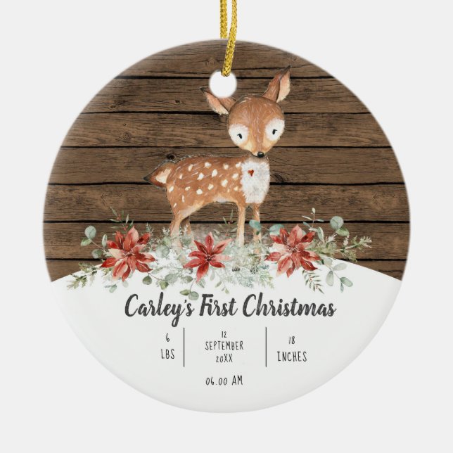 Ornamento De Cerâmica Cera de Natal Personalizada Rustic Deer Baby First (Frente)